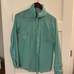 Green and white check button down